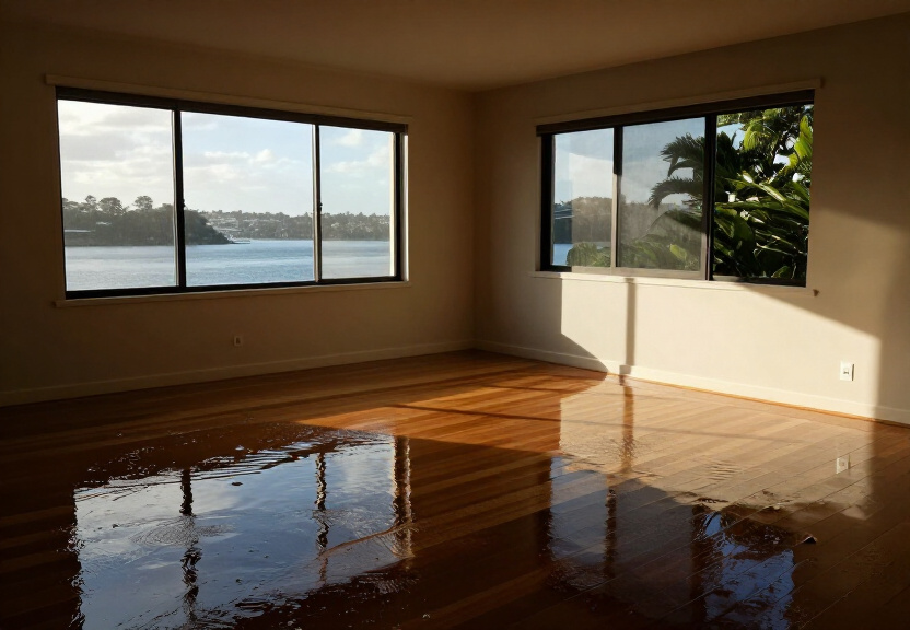 Flooded living room in East Lindfield home before restoration